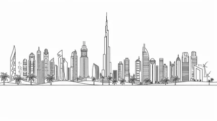 Fotobehang One continuous line drawing of Dubai city skyline United Arab Emirates. Beautiful city landmark. World landscape tourism and travel. Editable stylish stroke single line draw design vector illustration © Orxan