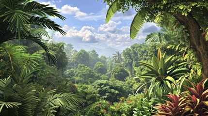  a painting of a tropical forest with lots of trees and plants in the foreground and a blue sky with white clouds above the trees and bushes in the foreground.