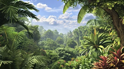 Foto op Canvas  a painting of a tropical forest with lots of trees and plants in the foreground and a blue sky with white clouds above the trees and bushes in the foreground. © Olga