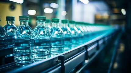 Modern beverage factory with water pet bottles on conveyor belt, advanced production equipment