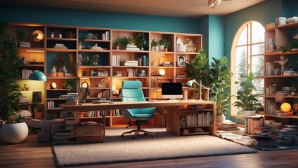 photo of a working room with lots of books and colorful decorations made by AI generative