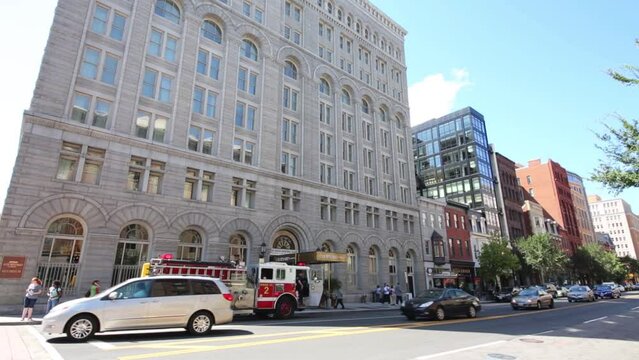 Fire truck stand. In US, number of firefighters is 1148850 people