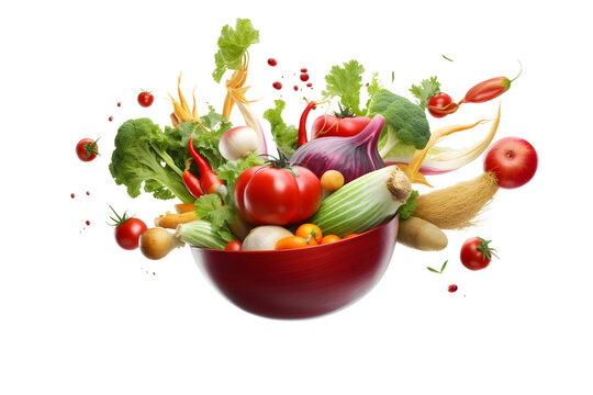 flying vegetables with a bowl isolated on transparent background 