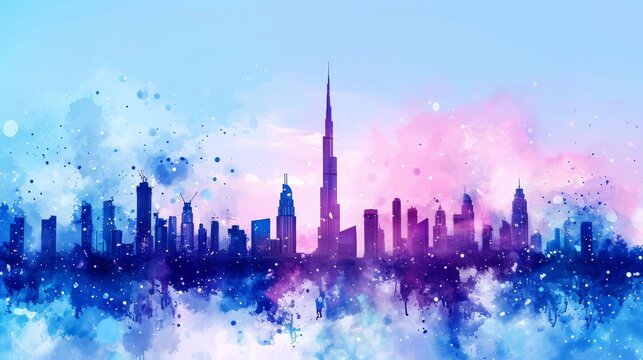Silhouette of Dubai city painted with splashes of watercolor drops landmarks in blue with pink
