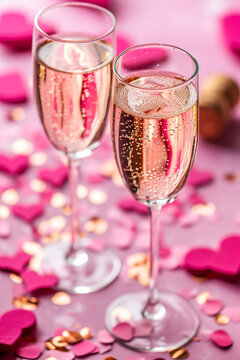 two glasses of champagne Valentine's Day, close-up