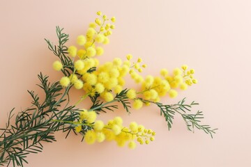 Yellow mimosa flower on pastel background with copy space
