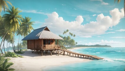 Fototapeta premium photo of wooden houses on the beach with beautiful white sand made by AI generative