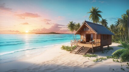 photo of wooden houses on the beach with beautiful white sand made by AI generative