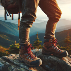 Legs of a backpacker in hiking boots standing on the top of the mountain, beautiful view of the mountains,  living healthy active lifestyle. legs and hiking boots.