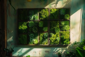Phyto-paintings in a metal frame made of moss and succulents shimmering in the sun on a pastel-colored wall