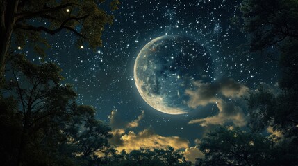  a night sky with the moon in the middle of the night and clouds in the foreground, and stars in the middle of the night sky, with trees in the foreground.