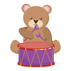 Plush toy bear with drum. Children toy teddy bear with drum. Vector Vector children illustration