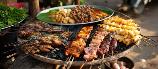 Naklejka premium Grilled meat and fish from Cambodia's Tonle Sap Lake in Siem Reap.