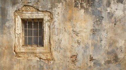  a dirty wall with a window and bars on the top of the window and a wall with peeling paint on the bottom half of the wall and bottom half of the window.