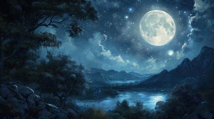  a painting of a night sky with a full moon over a mountain range and a body of water in the foreground with trees and mountains in the foreground.