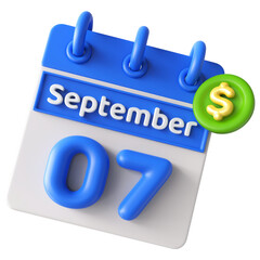 7th September Calendar Icon 3D Render With Dollar Icon , Calendar Icon 3D Illustration