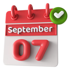 7th September Calendar Icon 3D Render With Checkmark Icon , Calendar Icon 3D Illustration