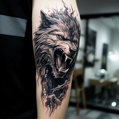 Angry wolf black and gray realistic tattoo design Ai generated art