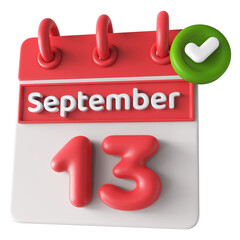 13th September Calendar Icon 3D Render With Checkmark Icon , Calendar Icon 3D Illustration