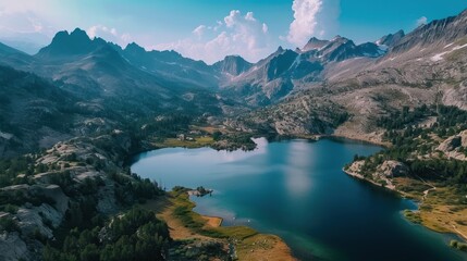 Obraz premium an aerial view of a mountain lake surrounded by pine trees and a mountain range in the distance with a few clouds in the sky and a few scattered
