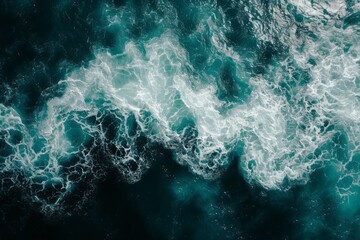 Spectacular aerial top view background photo of ocean sea water white wave splashing in the deep sea. Drone photo backdrop of sea wave in bird eye waves - obrazy, fototapety, plakaty