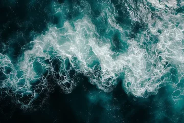Zelfklevend Fotobehang Spectacular aerial top view background photo of ocean sea water white wave splashing in the deep sea. Drone photo backdrop of sea wave in bird eye waves © DK_2020