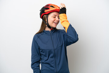 Young cyclist Lithuanian woman isolated on white background has realized something and intending the solution