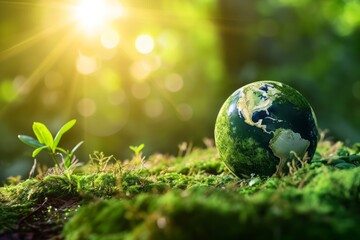 Obraz na płótnie Canvas Green globe as the Earth day or environment in the forest with moss