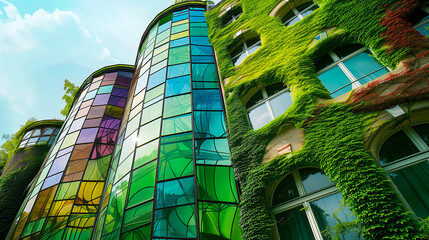 Sustainable Green Architecture in Contemporary Downtown, Futuristic Design, Innovative Materials, Creative Historical Facade Renovation, Addressing Climate Change Smart Vertical Garden