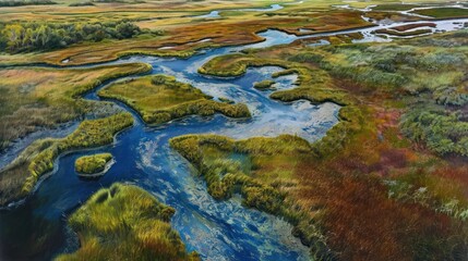  a painting of a river running through a lush green field next to a lush green field with lots of trees and grass on both sides of the riverbanks.