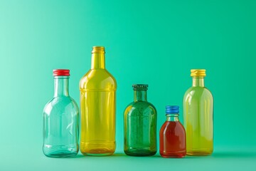 Empty bottles of different sizes and colors on a green background