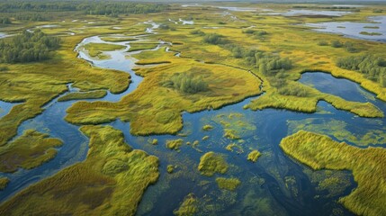  a bird's eye view of a marshy area with a river running through it and lots of trees on the other side of the marshy land in the water.