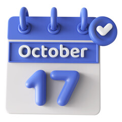 17th October Calendar Icon 3D Render With Checkmark Icon , Calendar Icon 3D Illustration
