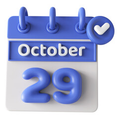 29th October Calendar Icon 3D Render With Checkmark Icon , Calendar Icon 3D Illustration