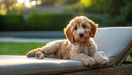 Concept of the National Pet Day. Golden Doodle Puppy lies on a chaise longue in the backyard