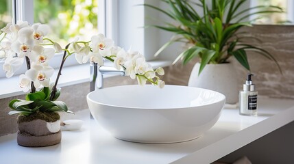 Obraz na płótnie Canvas Modern bathroom interior with elegant white sink and faucet in stylish home design