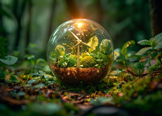 Environmentally friendly wind turbine encased. Capture the beauty of nature with this glass ball showcasing vibrant plants inside, perfect for adding a touch of greenery to any space.