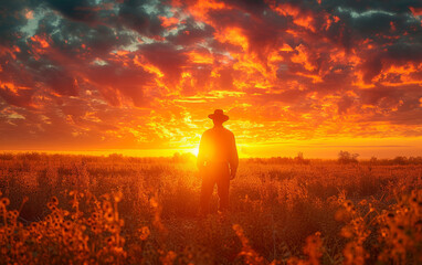 Farmer in a hat looks at the sunset. A man stands in a picturesque field as the sun sets, creating a serene ambiance in this majestic nature scene.