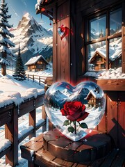 Naklejka premium a red rose imprisoned in a transparent crystal heart, in the background a snowy mountain chalet