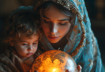 Naklejka premium Mother and daughter looking at globes. A woman and child engage in a shared experience as they study a globe, promoting curiosity and knowledge.