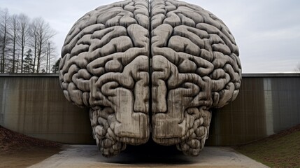 Brain art. Sculpture of the human brain made of concrete at the exhibition of contemporary art in the art gallery.