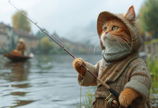 Cat Dressed as Fisherman Holding Fishing Rod
