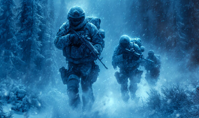 Group of Soldiers Walking Through Snowy Forest