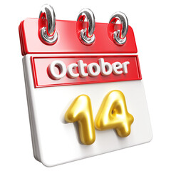 14th October Calendar Icon 3D Render , Calendar Icon 3D Illustration