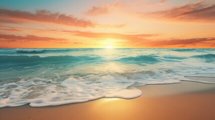 Obraz premium Breathtaking sunrise over a serene beach, with vibrant hues reflecting on calm waters
