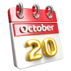 20th October Calendar Icon 3D Render , Calendar Icon 3D Illustration