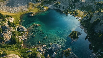 Fototapeta na wymiar an aerial view of a mountain lake surrounded by rocks and greenery, with a clear blue body of water in the middle of the middle of the lake surrounded by large rocks.