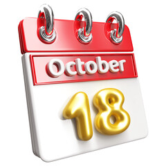 18th October Calendar Icon 3D Render , Calendar Icon 3D Illustration