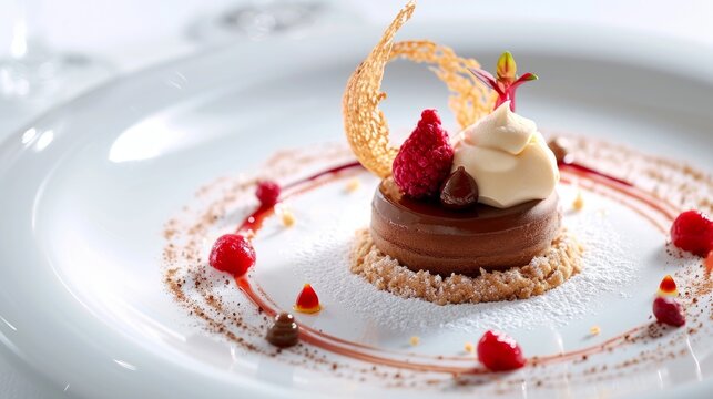 Create an image of an exquisite, modern-style dessert crafted by renowned French pastry chefs, elegantly presented on a pristine white plate.