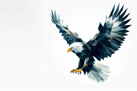 Low poly image of a eagle on solid white bright background. ai generative